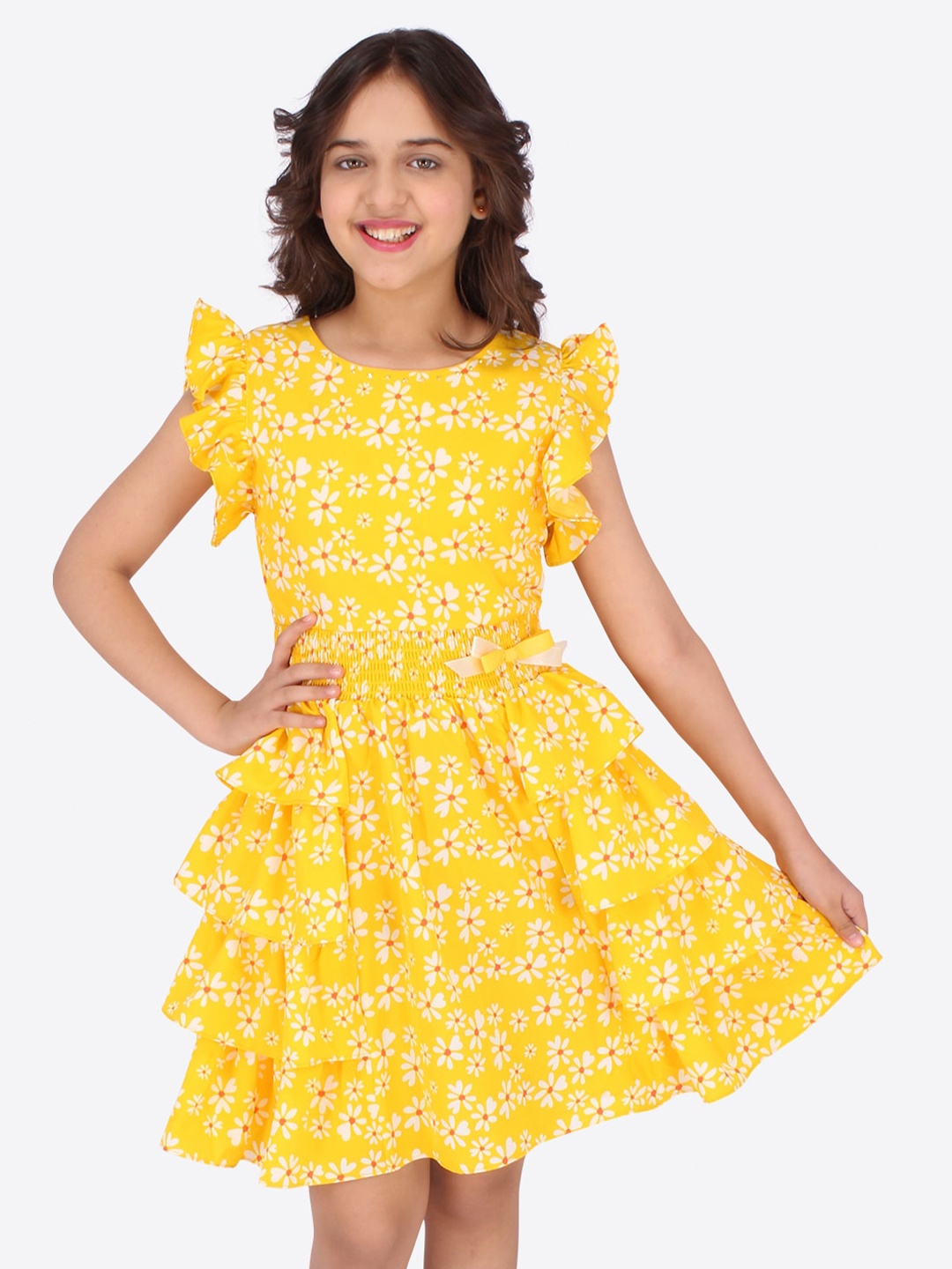 

CUTECUMBER Girls Yellow Floral Printed Fit & Flare Dress