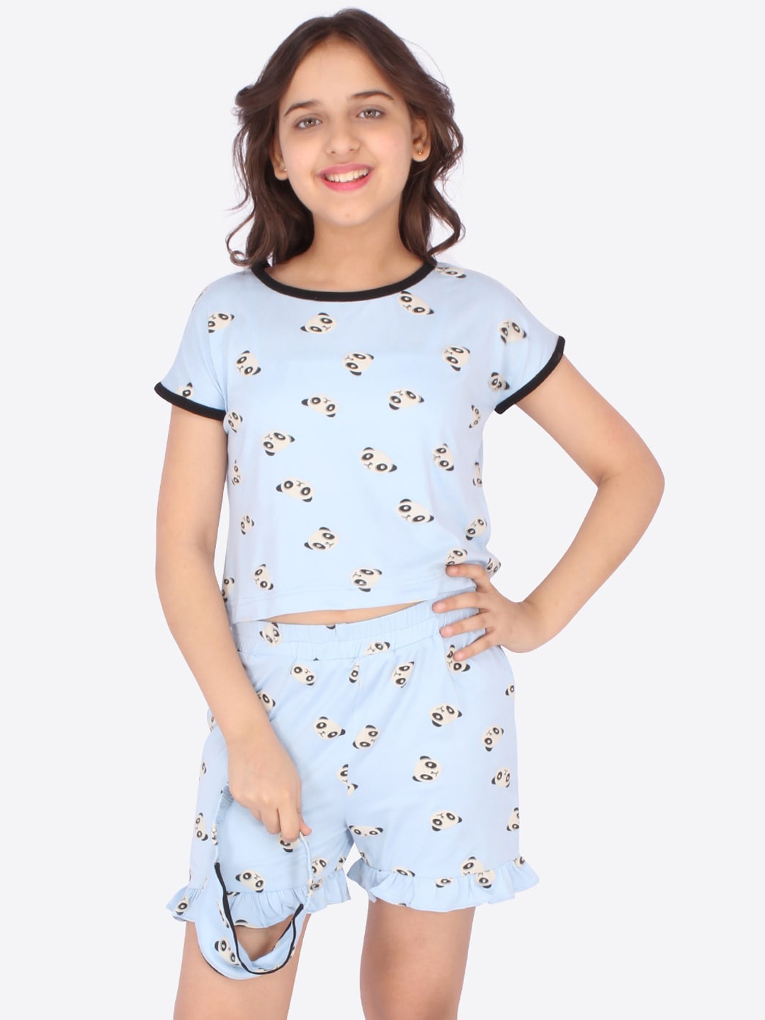 

CUTECUMBER Girls Blue Panda Printed Night suit with Eye Mask