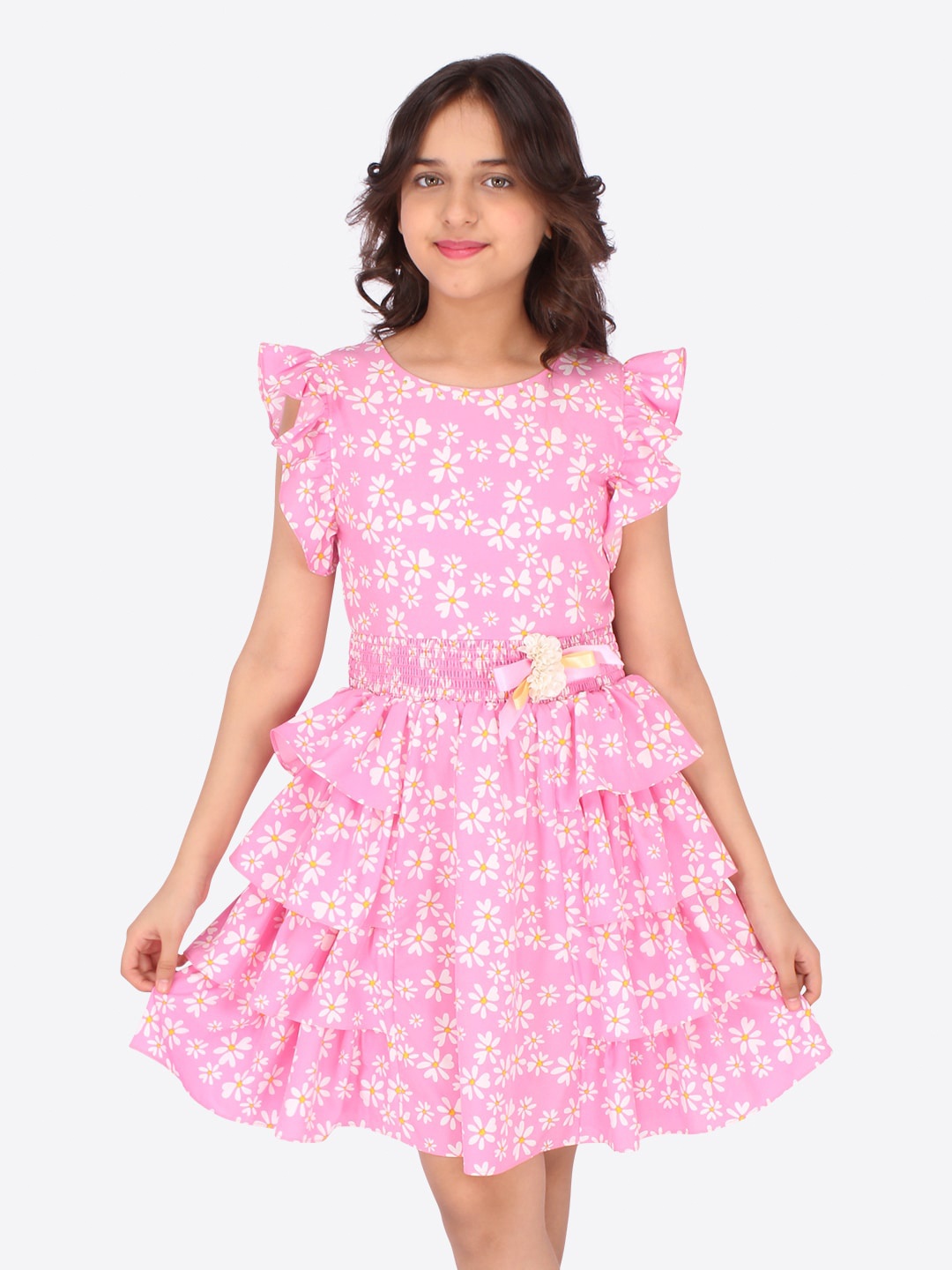 

CUTECUMBER Girls Pink & White Floral Smocked Layered Fit & Flare Dress