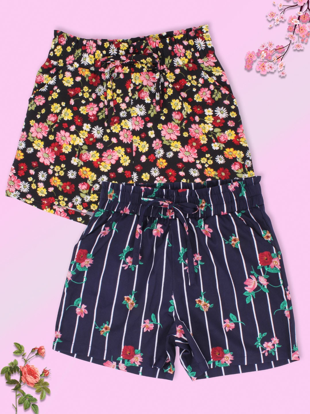 

CUTECUMBER Girls Navy Blue Floral Printed Shorts