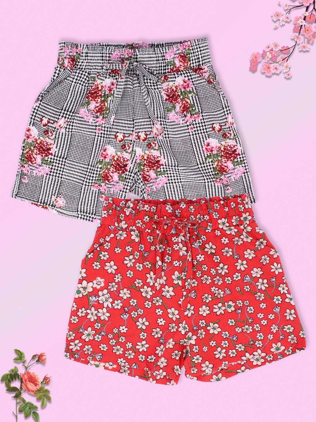 

CUTECUMBER Girls Pack of 2 Floral Printed Shorts, Black