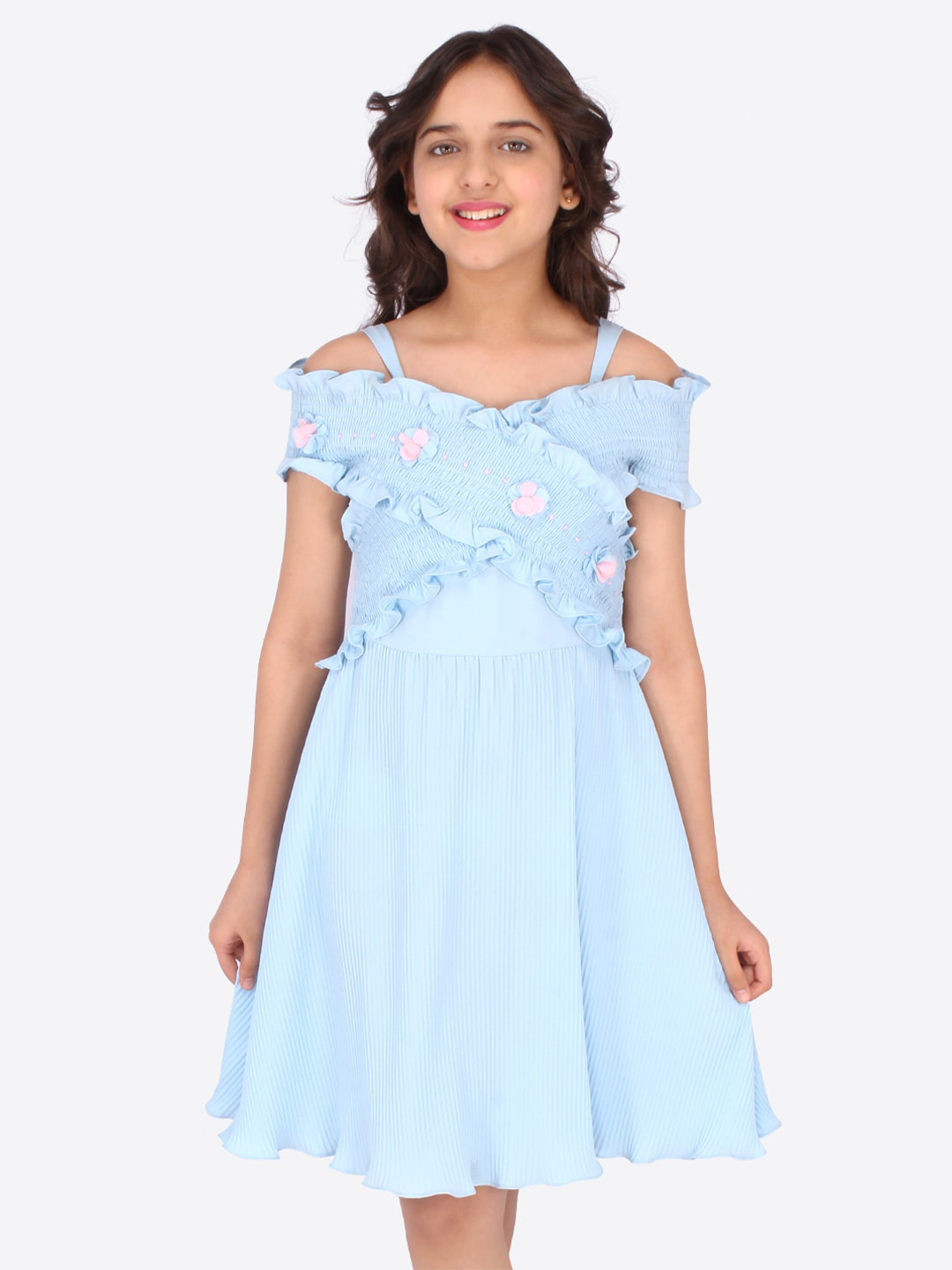 

CUTECUMBER Blue Off Shoulder Knee-Length Pleated Georgette Dress