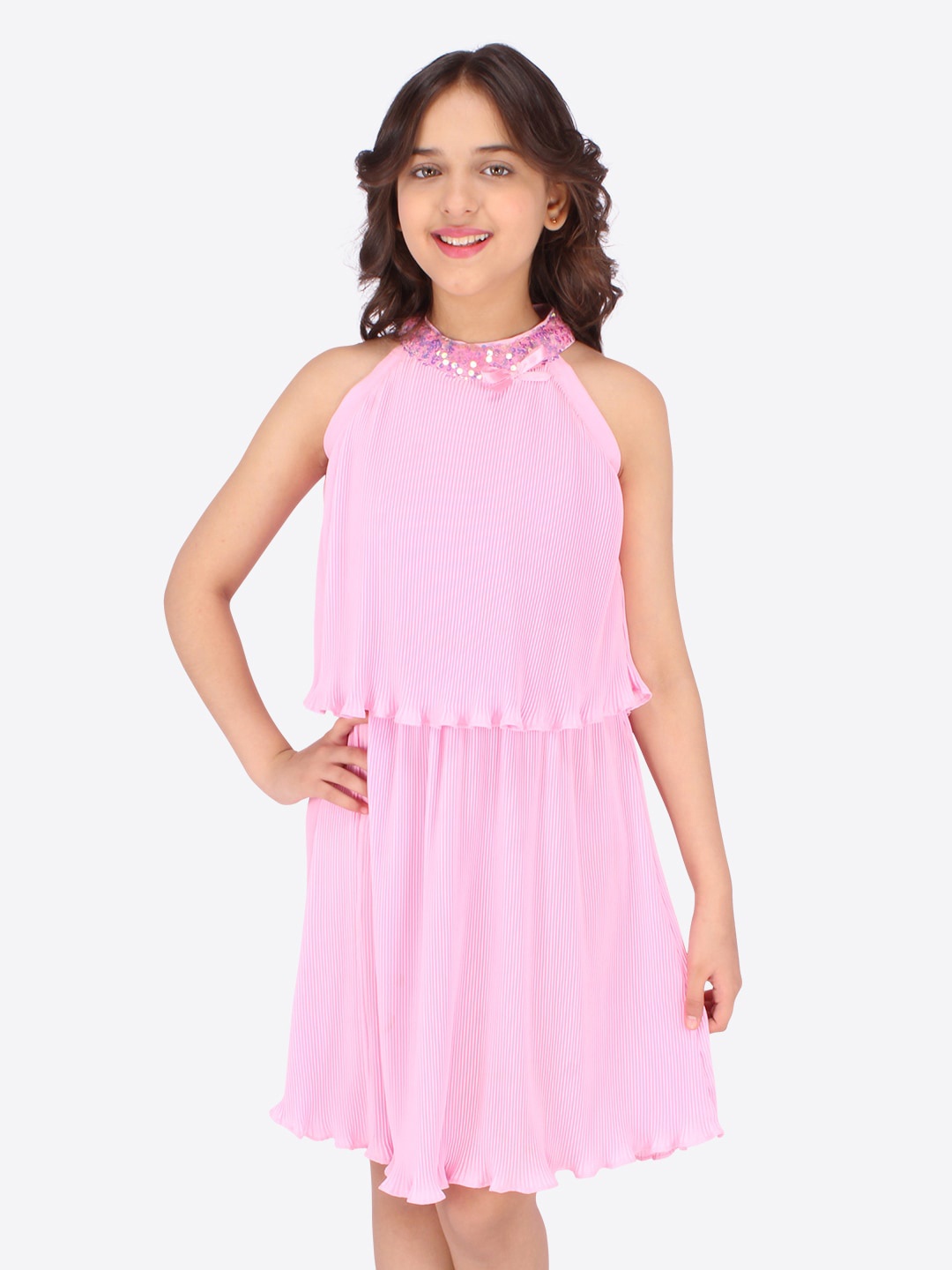 

CUTECUMBER Girls Pink Halter Neck Accordion Pleated Layered Georgette A-Line Dress