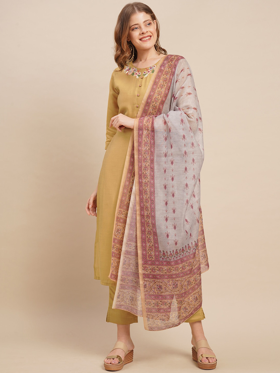 

FASHOR Women Mustard Yellow Floral Embroidered Kurti with Trousers & With Dupatta