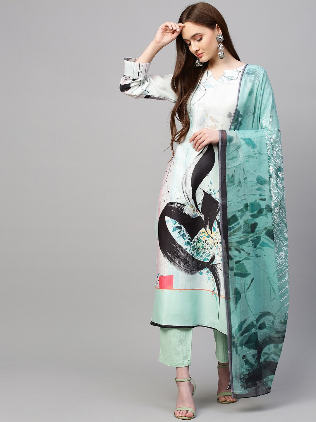 

FASHOR Women Green Printed Thread Work Kurta with Trousers With Dupatta