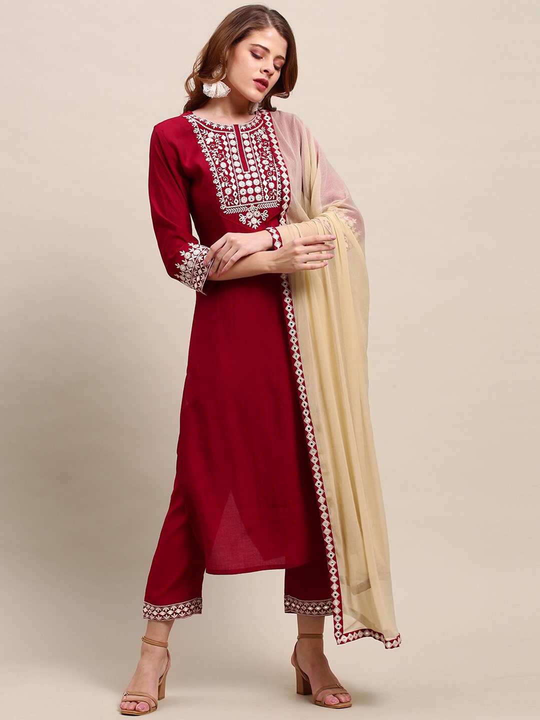 

FASHOR Women Red Floral Embroidered Mirror Work Kurta with Trousers & With Dupatta