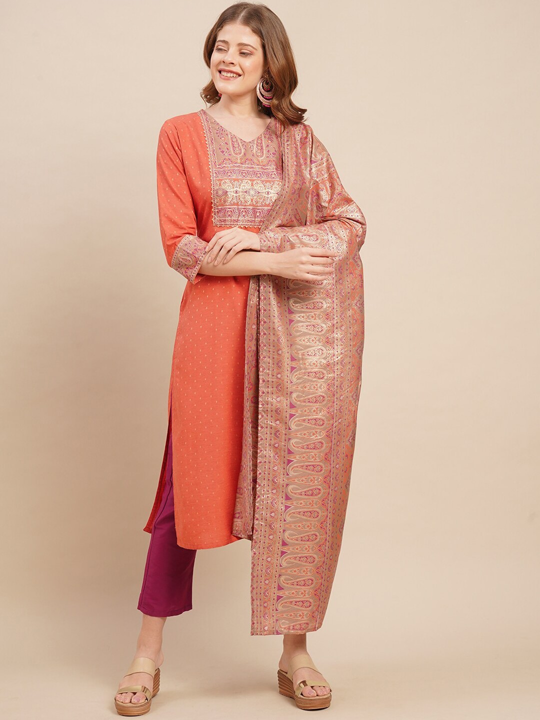 

FASHOR Women Peach-Coloured Striped Sequinned Kurti with Trousers & With Dupatta