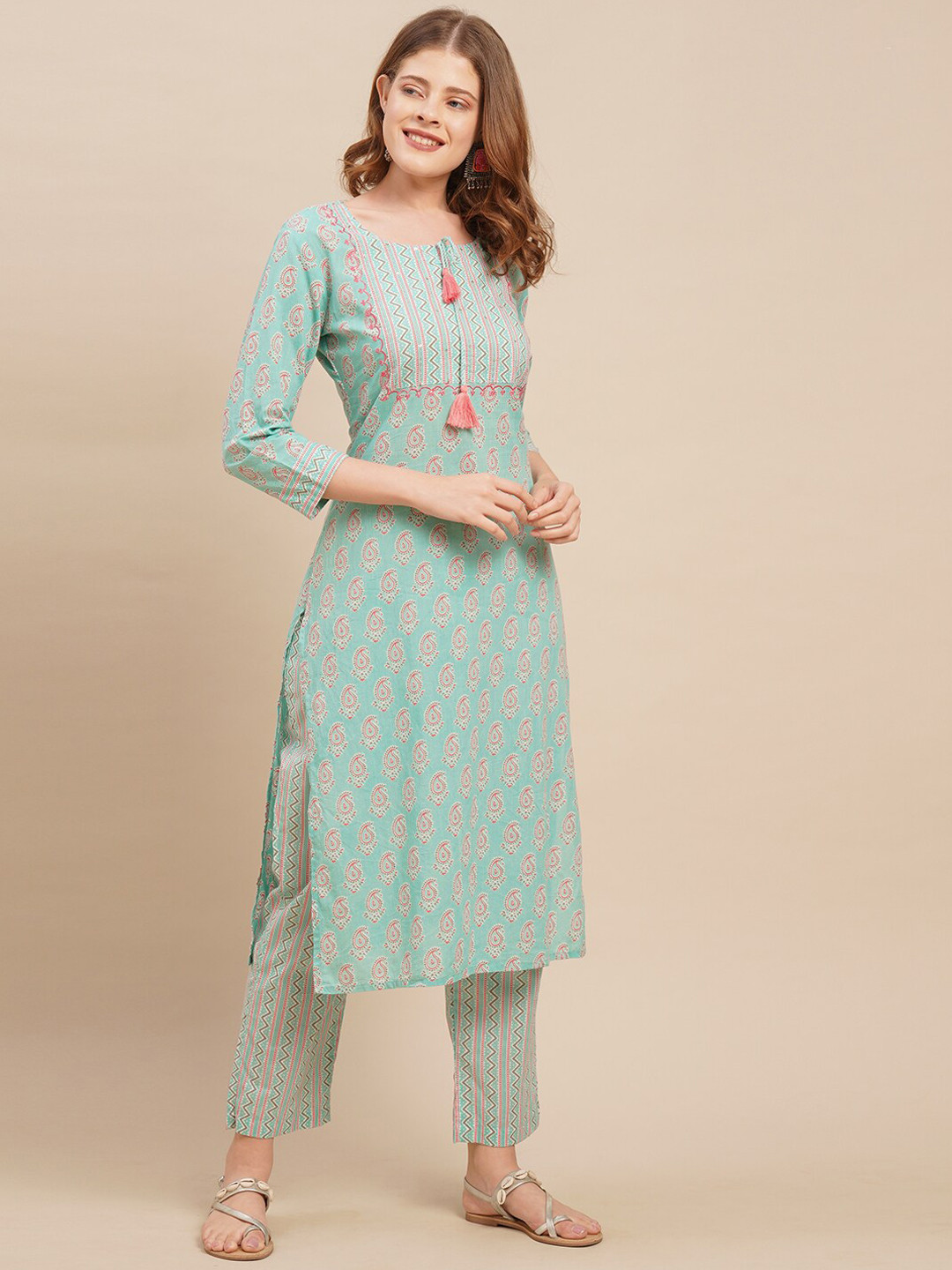 

FASHOR Women Turquoise Blue Floral Printed Pure Cotton Kurta with Palazzos & With Dupatta