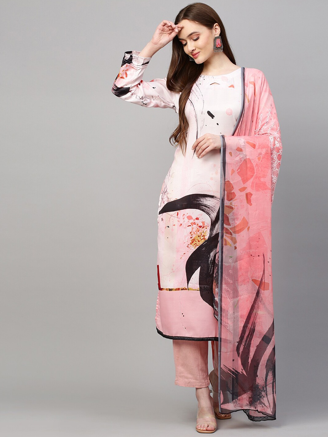 

FASHOR Women Pink Floral Printed Kurta with Palazzos & With Dupatta