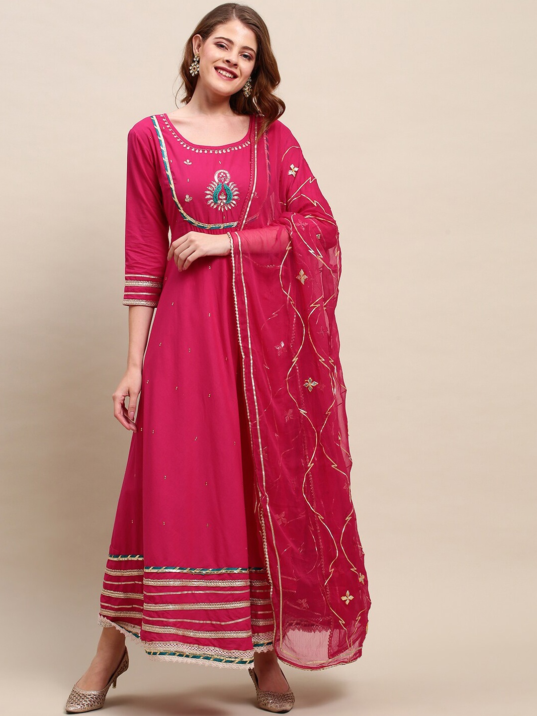 

FASHOR Women Pink Ethnic Motifs Embroidered Empire Gotta Patti Pure Cotton Kurta with Trousers With Dupatta