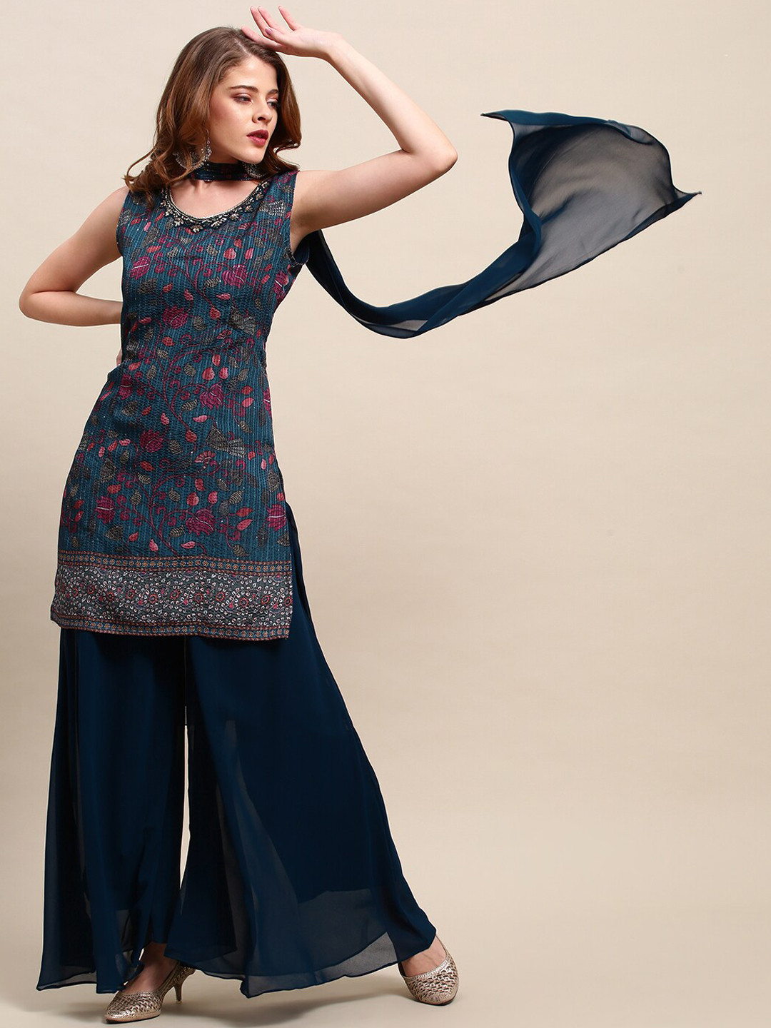 

FASHOR Women Blue Floral Printed Sequinned Kurti with Palazzos