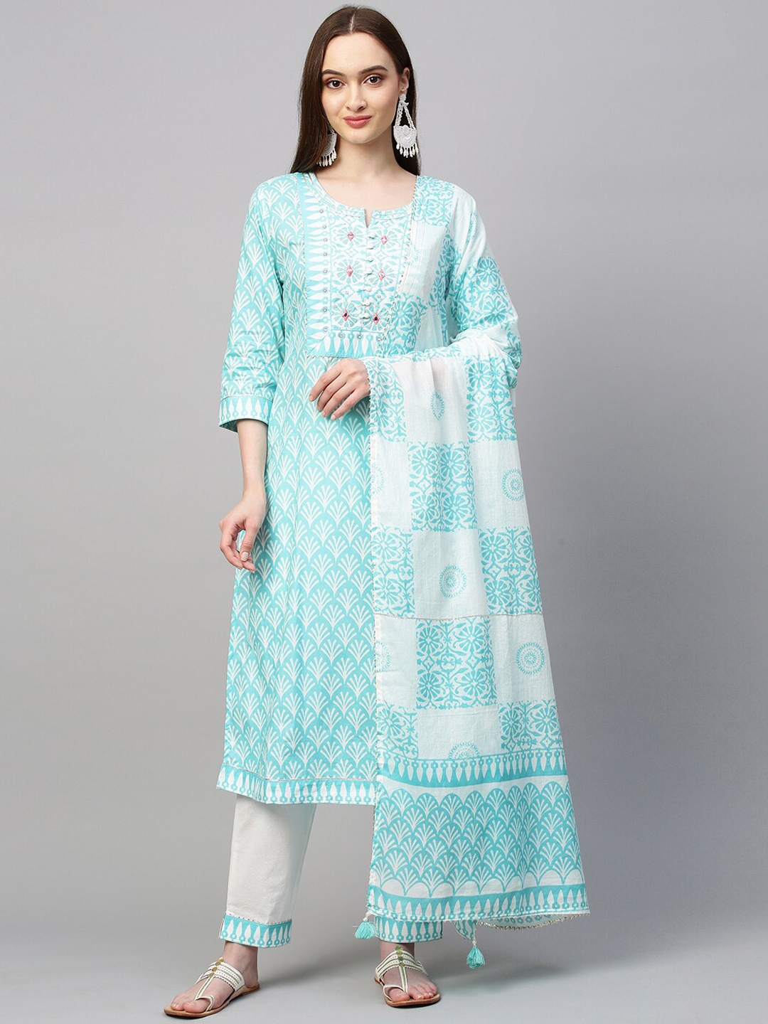 

FASHOR Women Blue Ethnic Motifs Printed Pure Cotton Kurta with Trousers