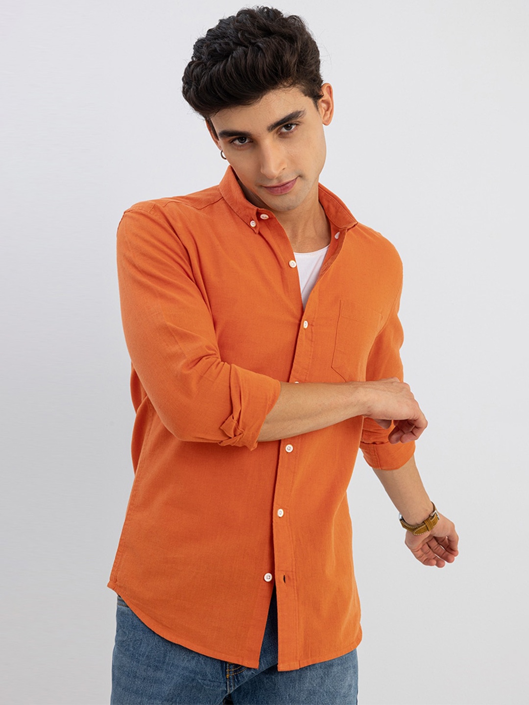 

Snitch Men Orange Custom Slim Fit Casual Shirt