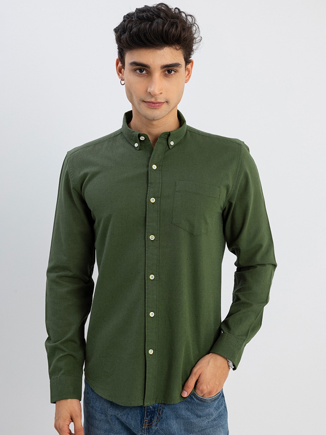 

Snitch Men Olive Green Custom Slim Fit Casual Shirt