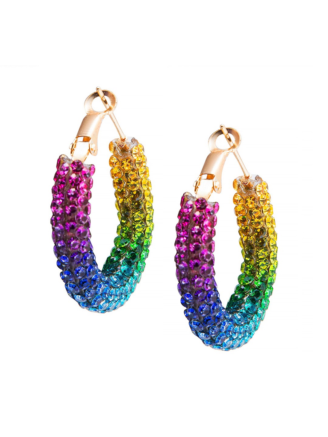 

Shining Jewel - By Shivansh Gold-Plated Purple & Blue CZ Studded Circular Hoop Earrings