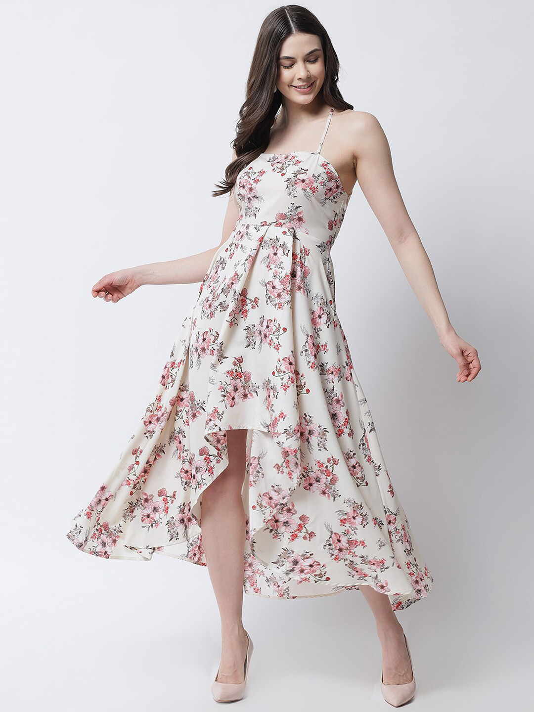 

emeros Beige & Pink Floral High-Low Fit & Flare Midi Dress