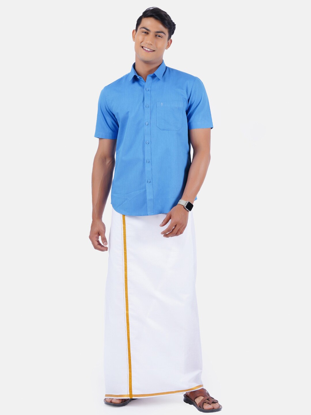 

Ramraj Men Blue Half Sleeve Solid Pure Cotton Shirt & Dhoti Set