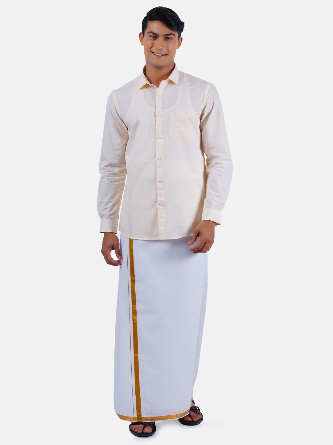 

Ramraj Men Peach-Coloured Solid Pure Cotton Shirt & Dhoti Set