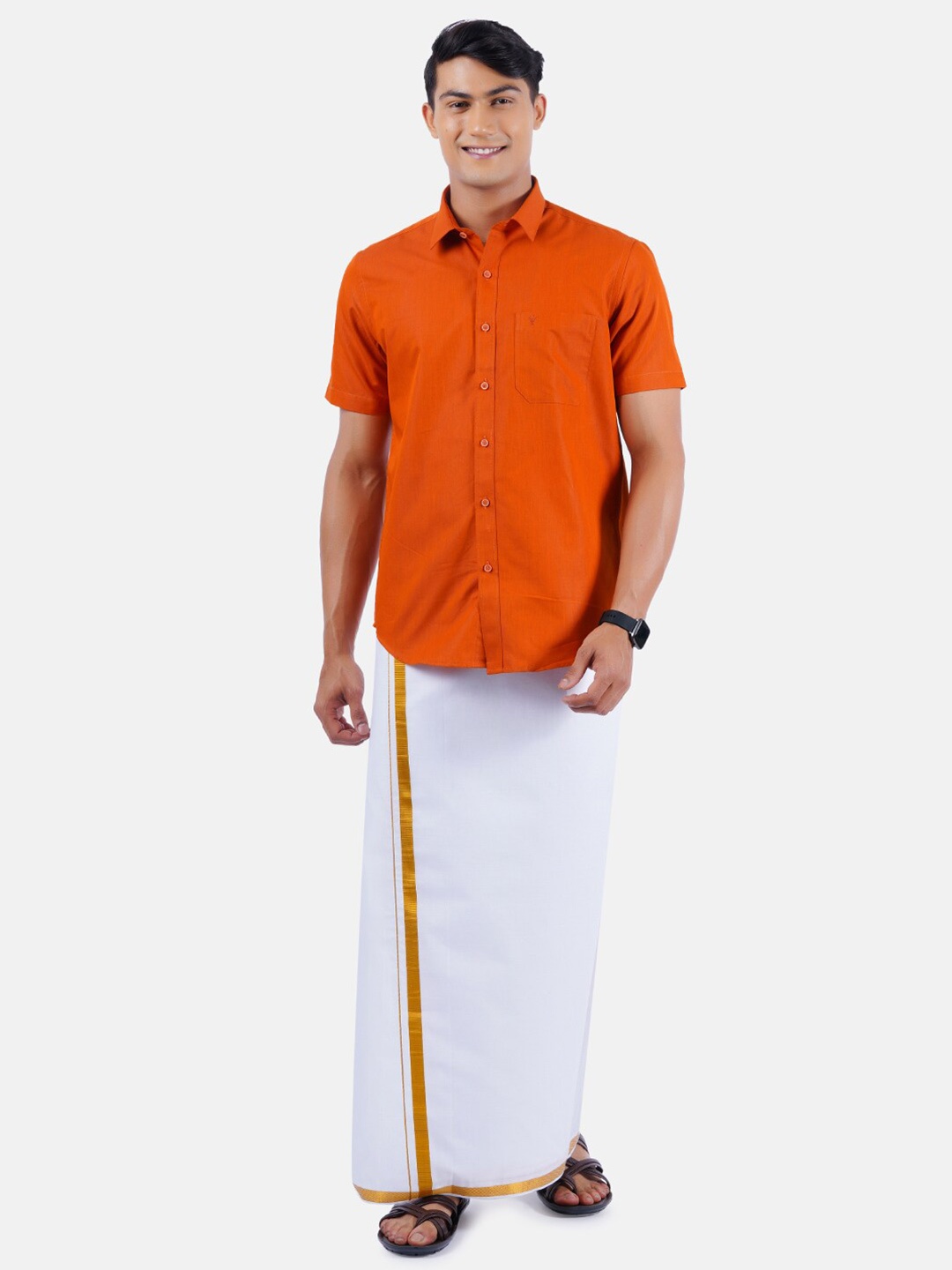 

Ramraj Men Orange Half Sleeve Solid Pure Cotton Shirt & Dhoti Set