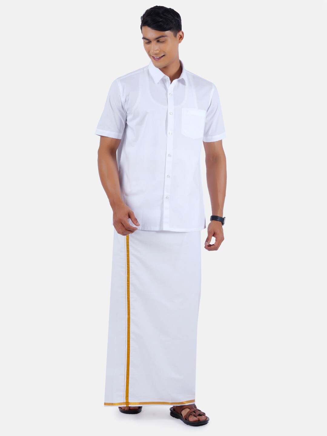 

Ramraj Men White Pure Cotton Shirt with gold jari border Dhoti Set