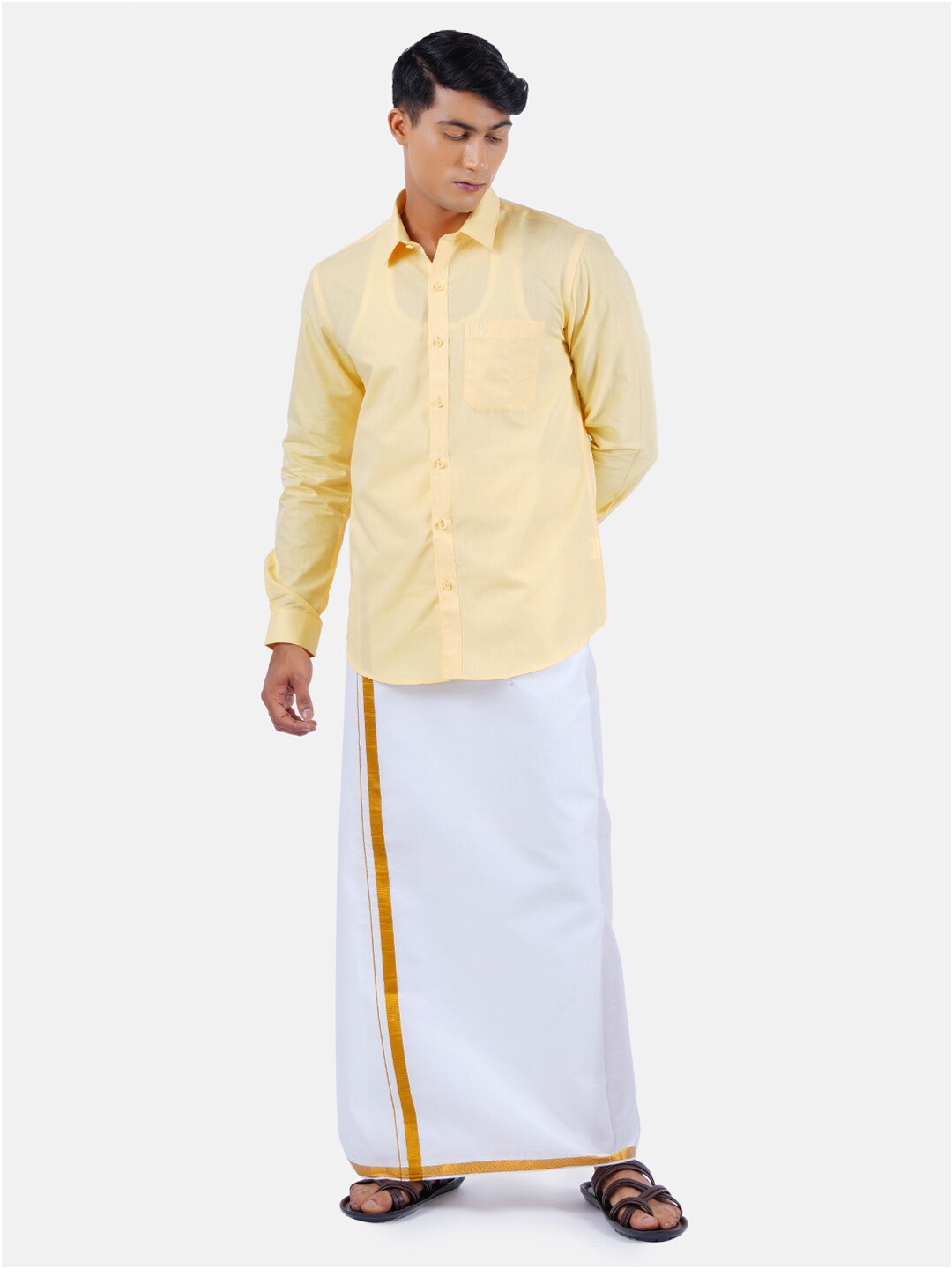 

Ramraj Men Yellow Solid Pure Cotton Shirt & Dhoti Set