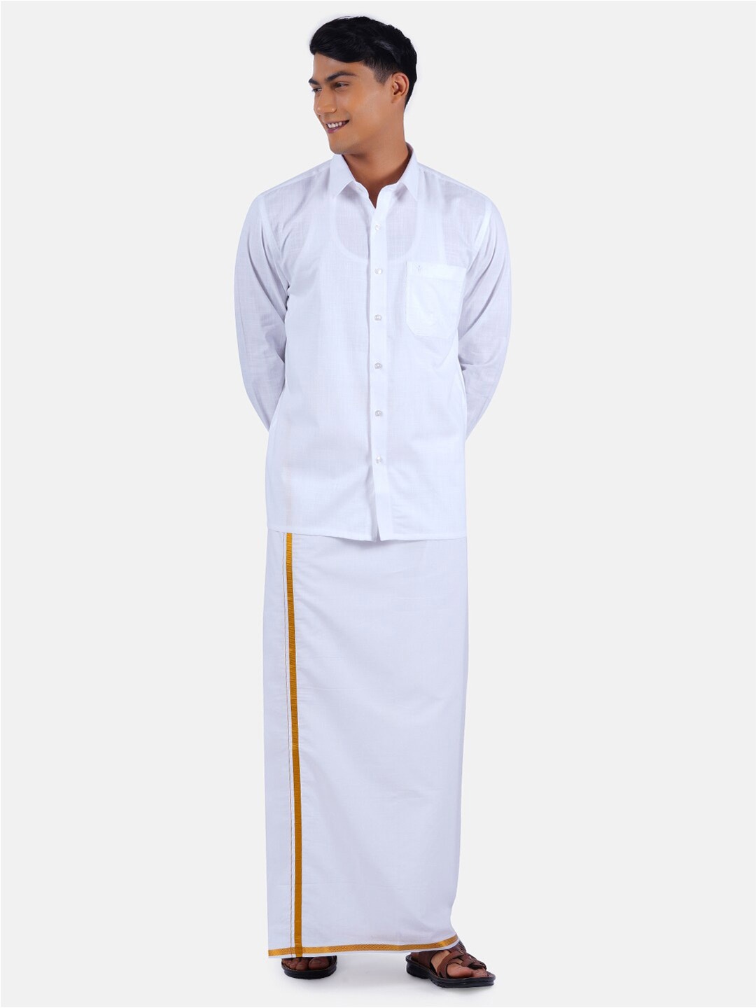 

Ramraj Men Pure Cotton Solid Shirt with gold border Dhoti, White