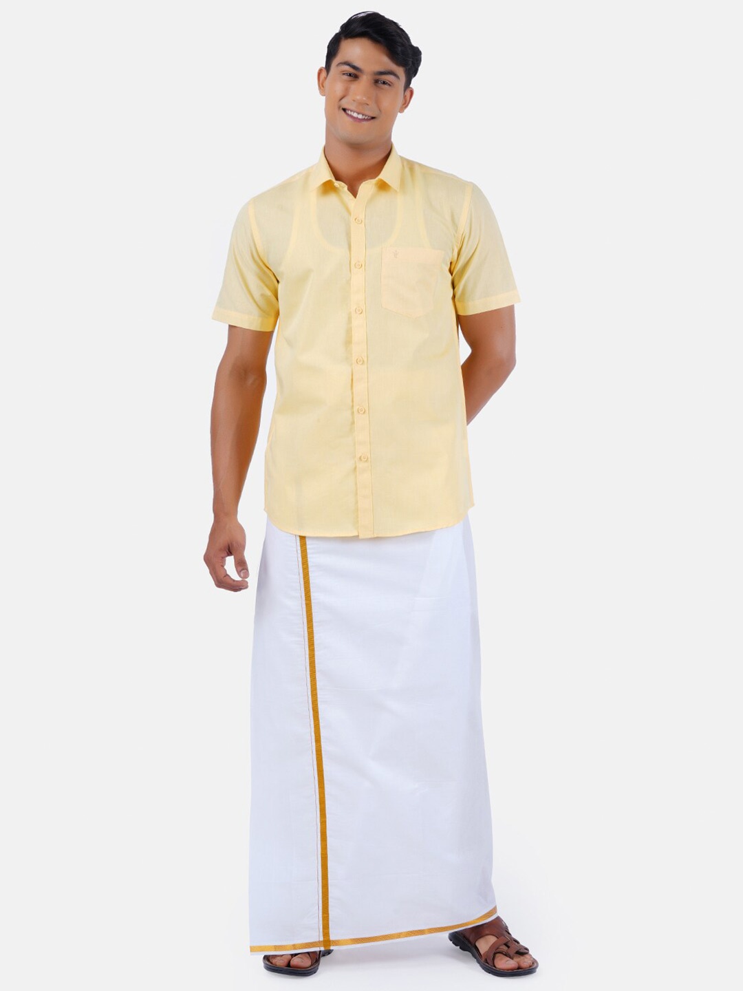 

Ramraj Men Yellow Half Sleeve Solid Pure Cotton Shirt & Dhoti Set