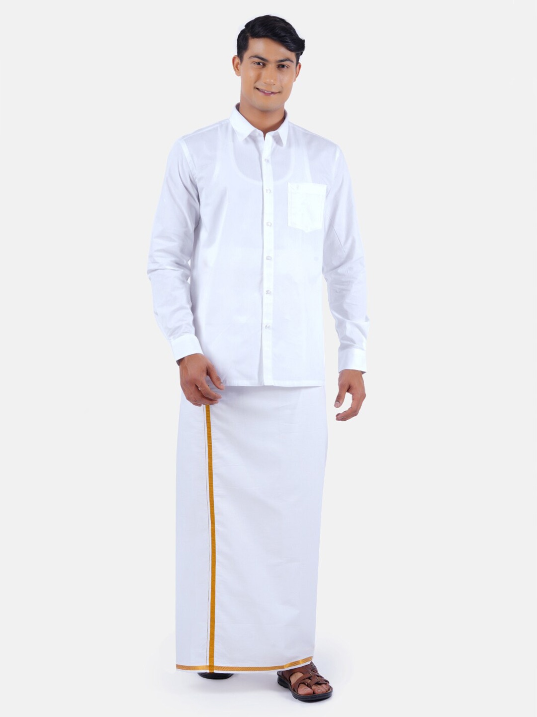 

Ramraj Men Pure Cotton Shirt with Veshti Set, White