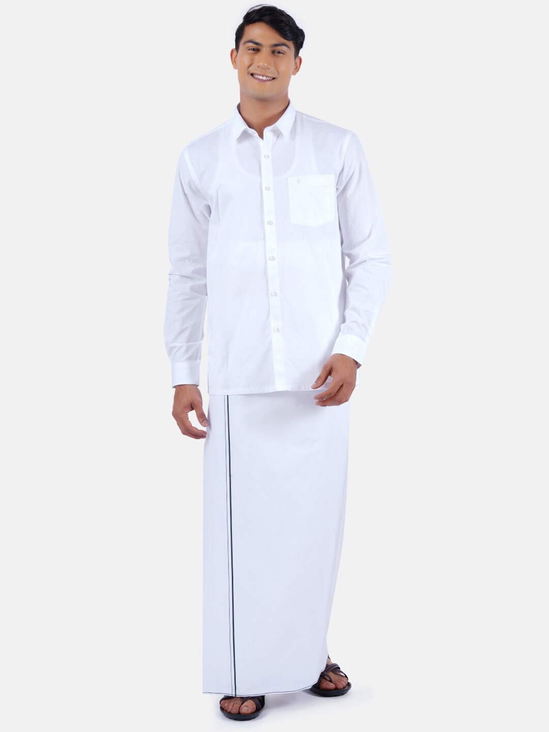 

Ramraj Men White Pure Cotton Shirt with border Dhoti Set