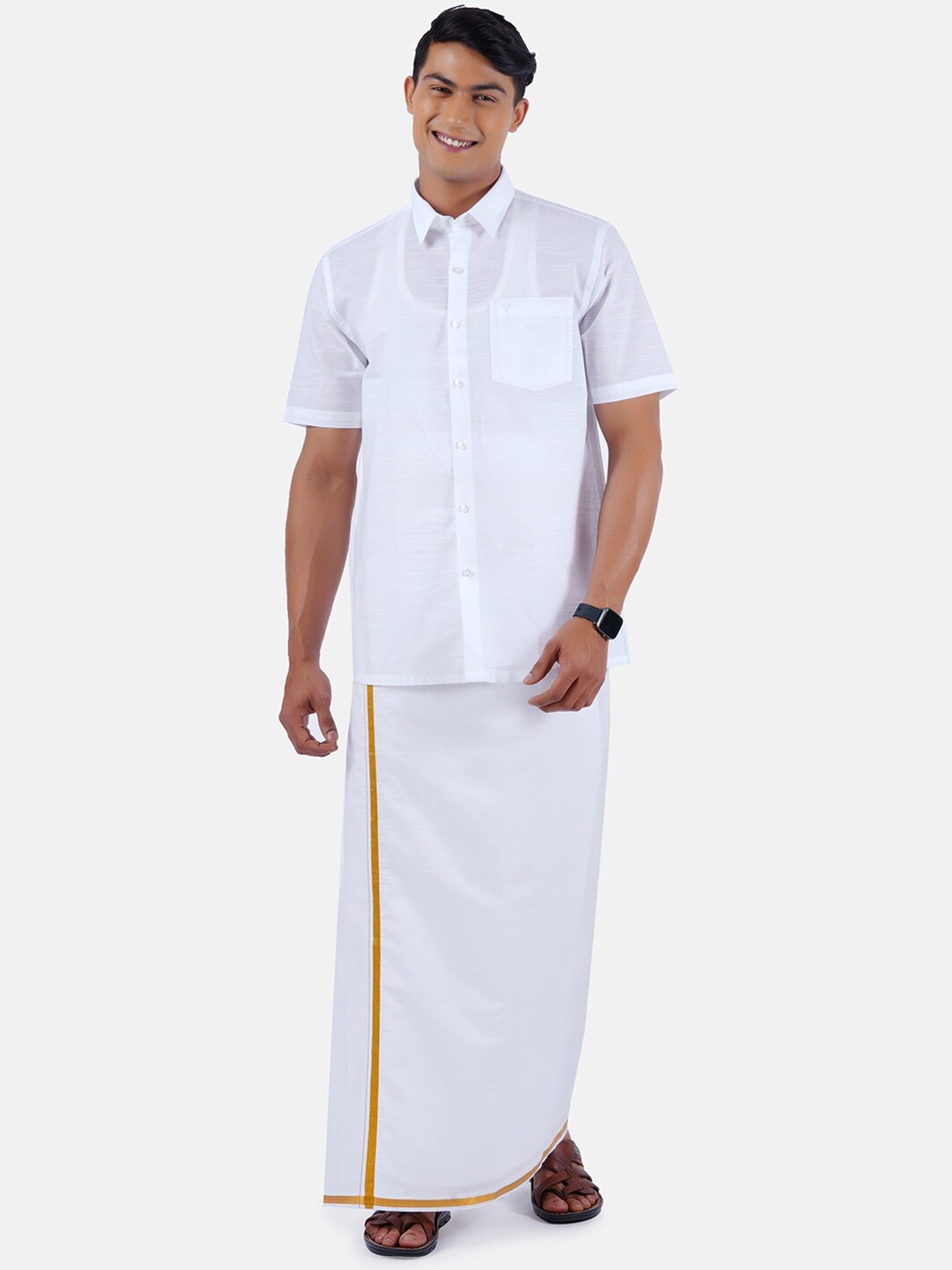 

Ramraj Men Pure Cotton Solid Shirt with gold border White Dhoti