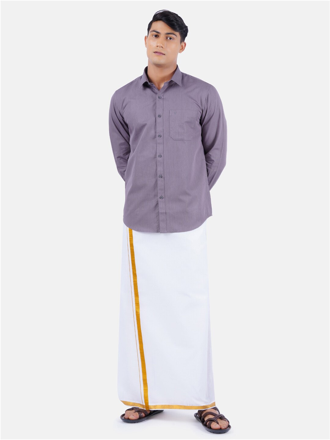 

Ramraj Men Grey Solid Pure Cotton Shirt & Dhoti Set