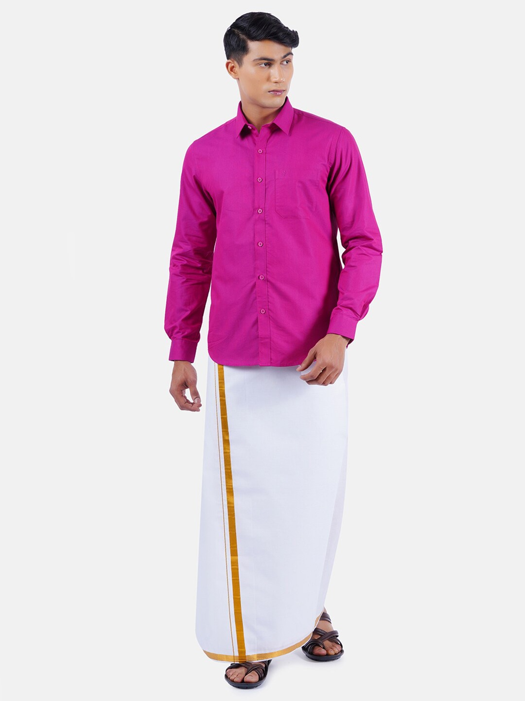 

Ramraj Men Fuchsia Solid Pure Cotton Shirt & Dhoti Set