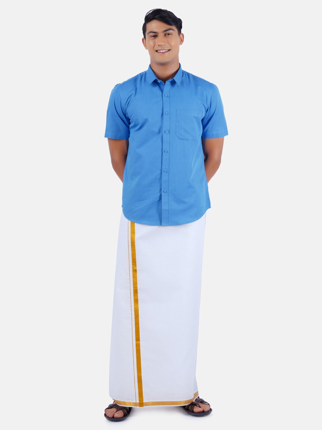 

Ramraj Men Blue Half Sleeve Solid Pure Cotton Shirt & Dhoti Set