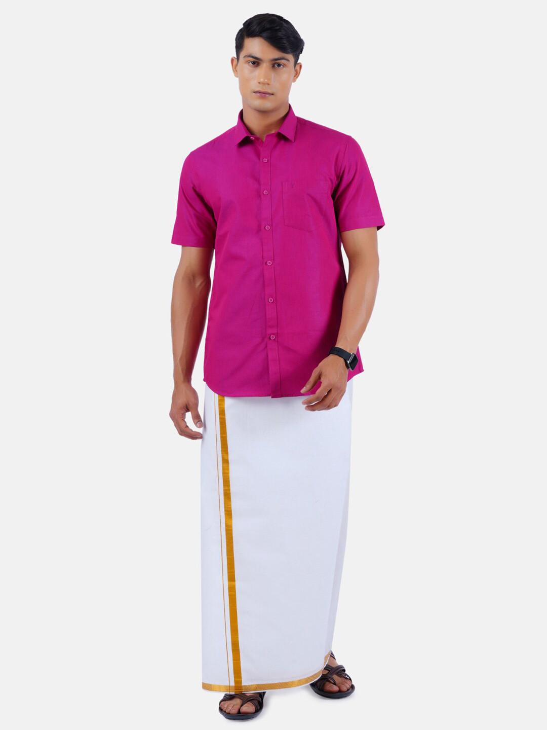 

Ramraj Men Fuchsia Half Sleeve Solid Pure Cotton Shirt & Dhoti Set