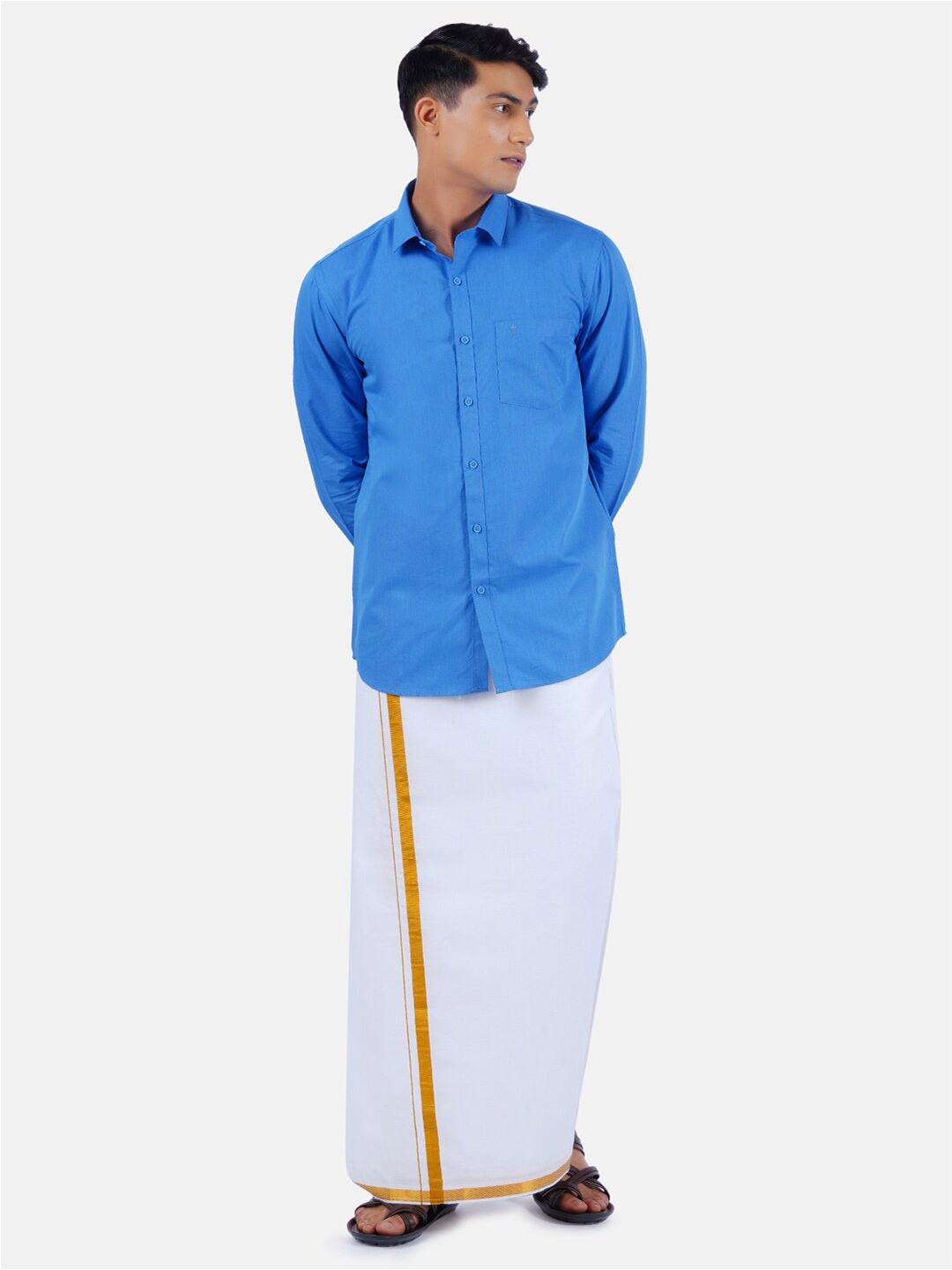 

Ramraj Men Blue Solid Pure Cotton Shirt & Dhoti Set