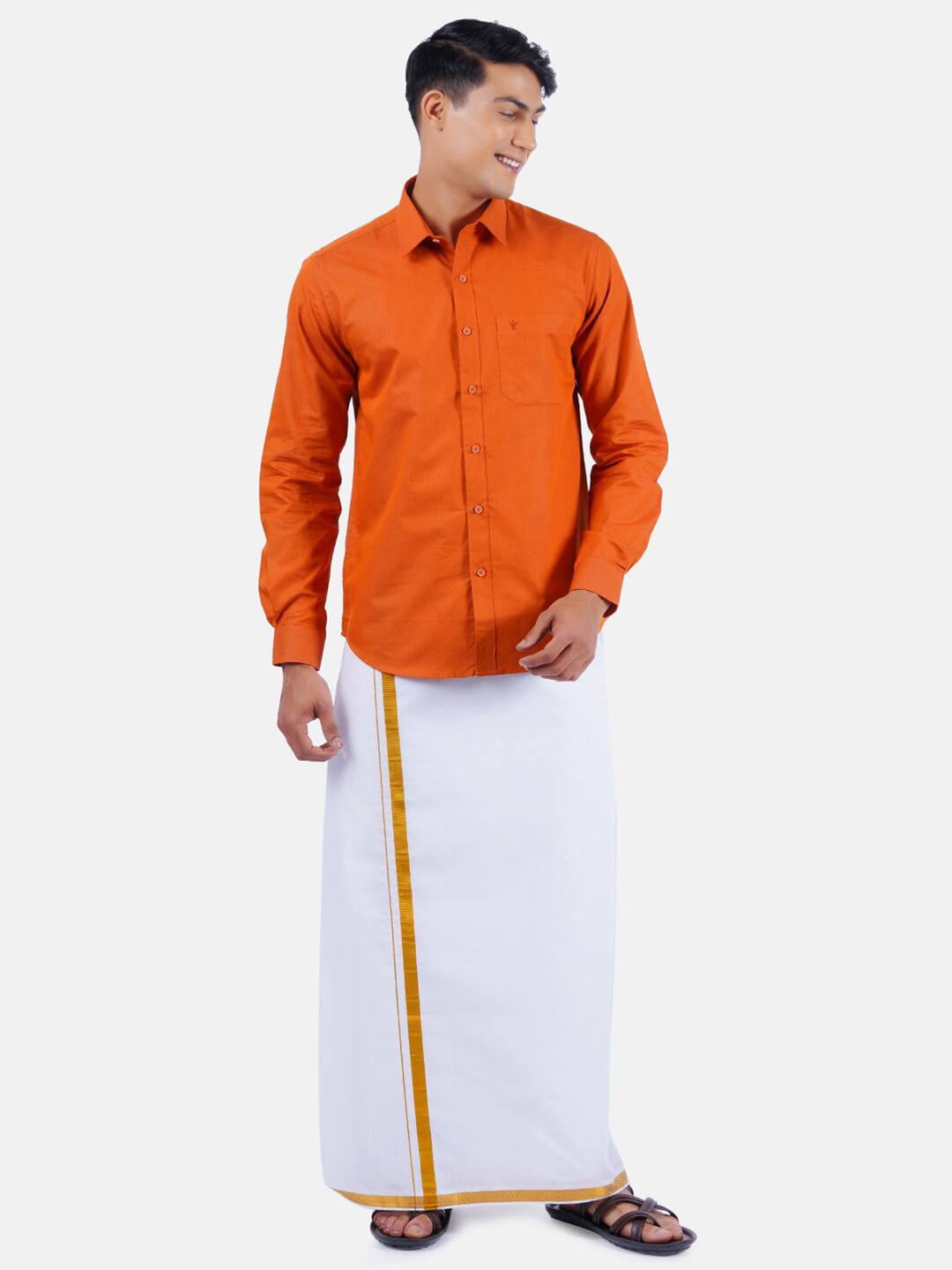 

Ramraj Men Orange Solid Pure Cotton Shirt & Dhoti Set