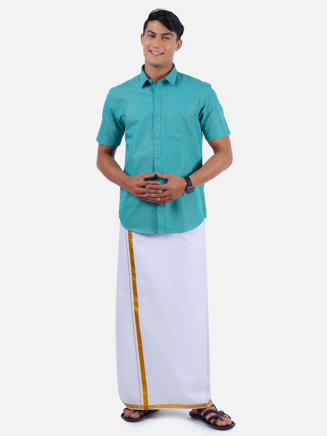

Ramraj Men Sea Green Half Sleeve Solid Pure Cotton Shirt & Dhoti Set