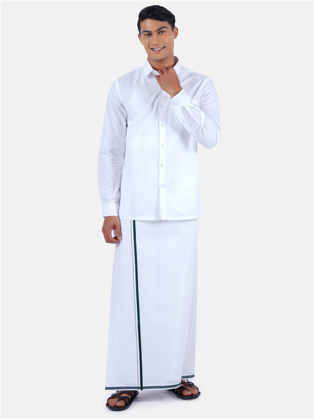 

Ramraj Men White Pure Cotton Shirt with border Dhoti Set