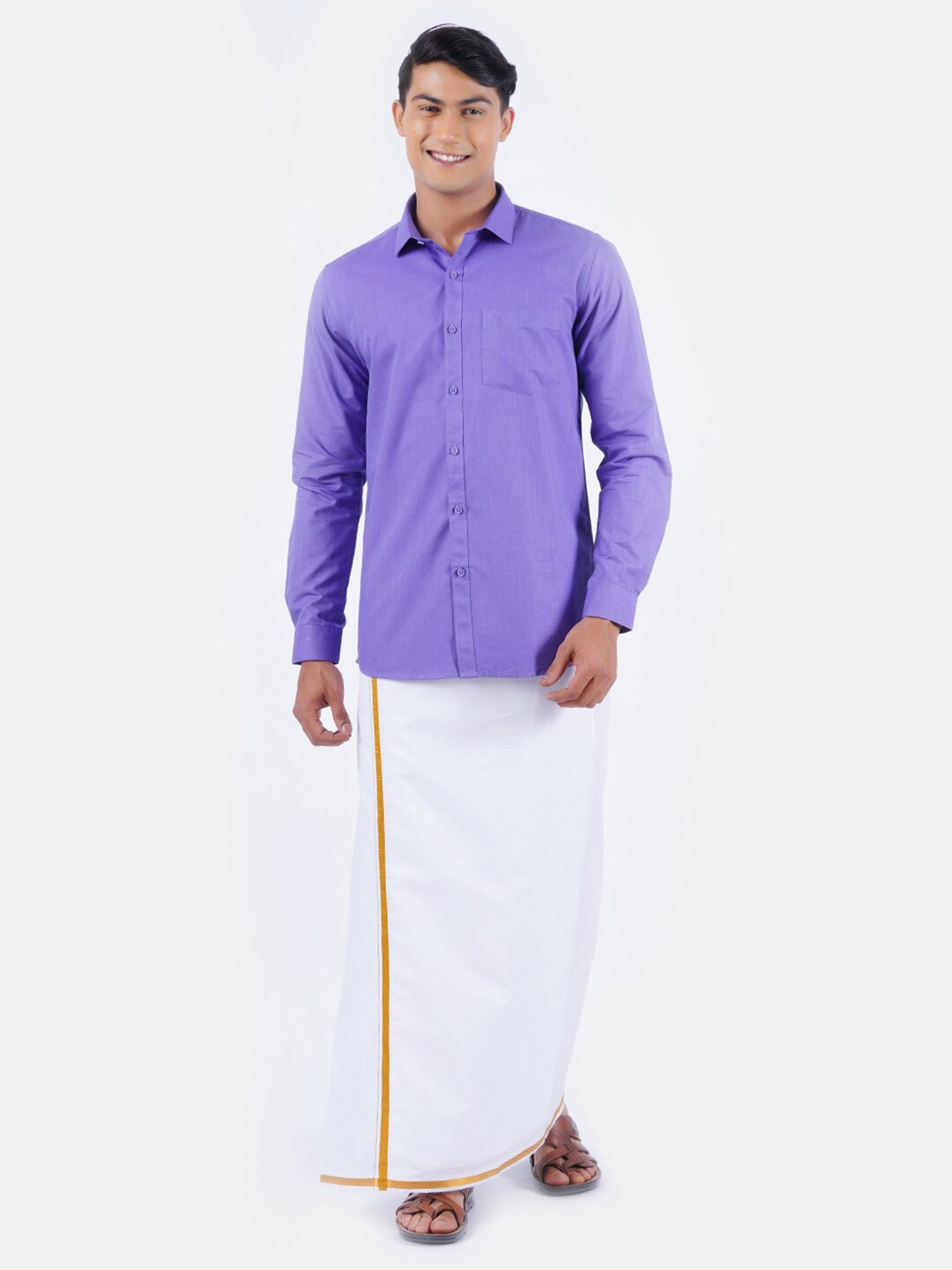 

Ramraj Men Violet Solid Pure Cotton Shirt & Dhoti Set