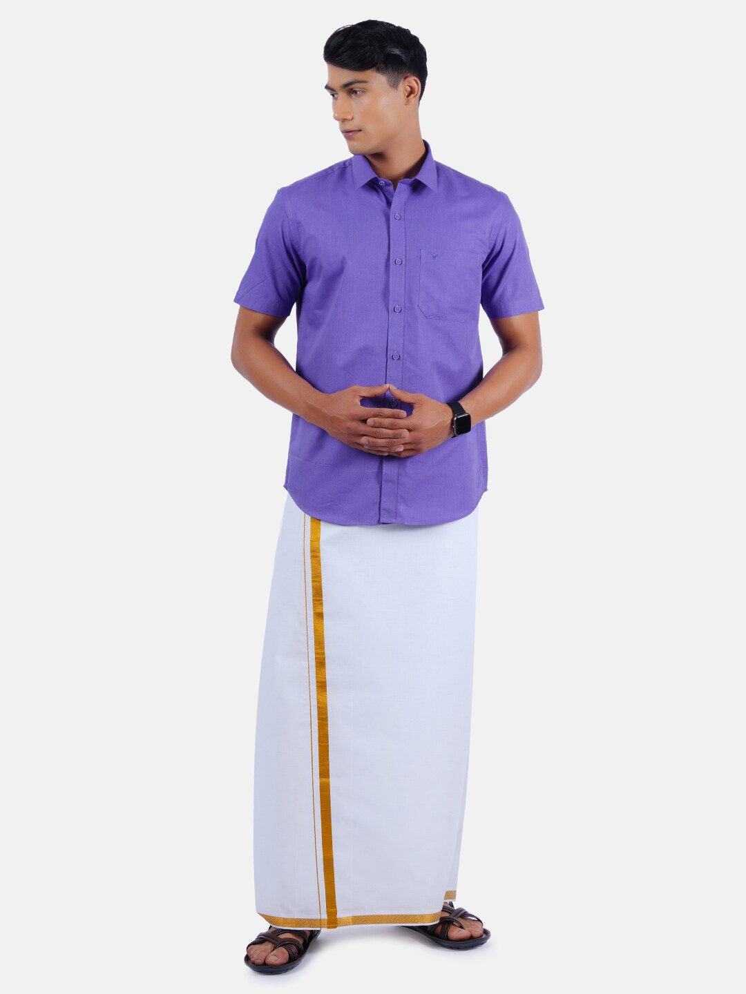 

Ramraj Men Violet Half Sleeve Solid Pure Cotton Shirt & Dhoti Set