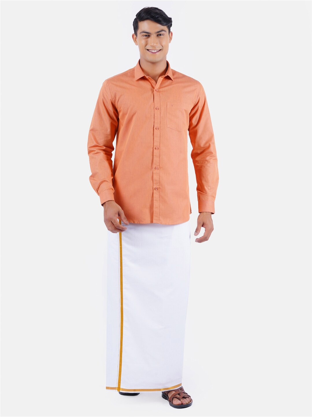 

Ramraj Men Orange Solid Pure Cotton Shirt & Dhoti Set