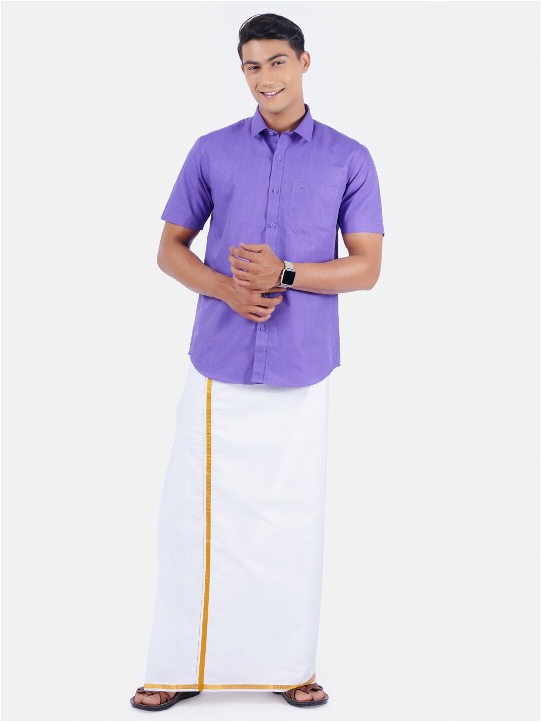 

Ramraj Men Violet Solid Pure Cotton Shirt & Dhoti Set