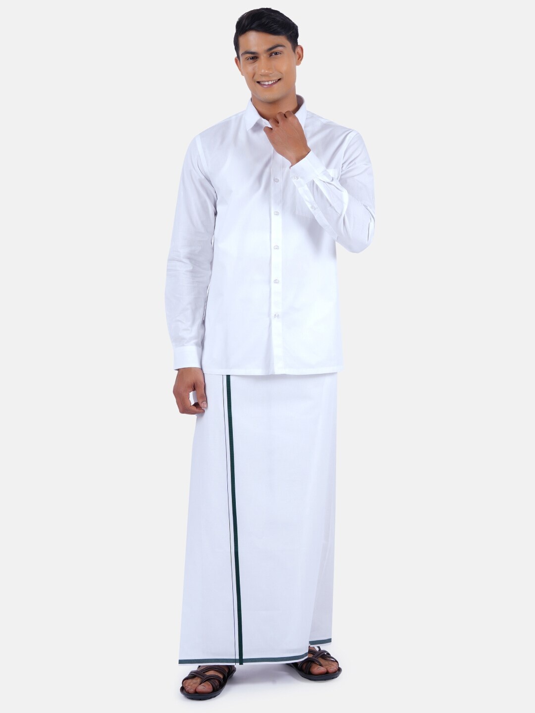 

Ramraj Men White Pure Cotton Shirt with border Dhoti Set