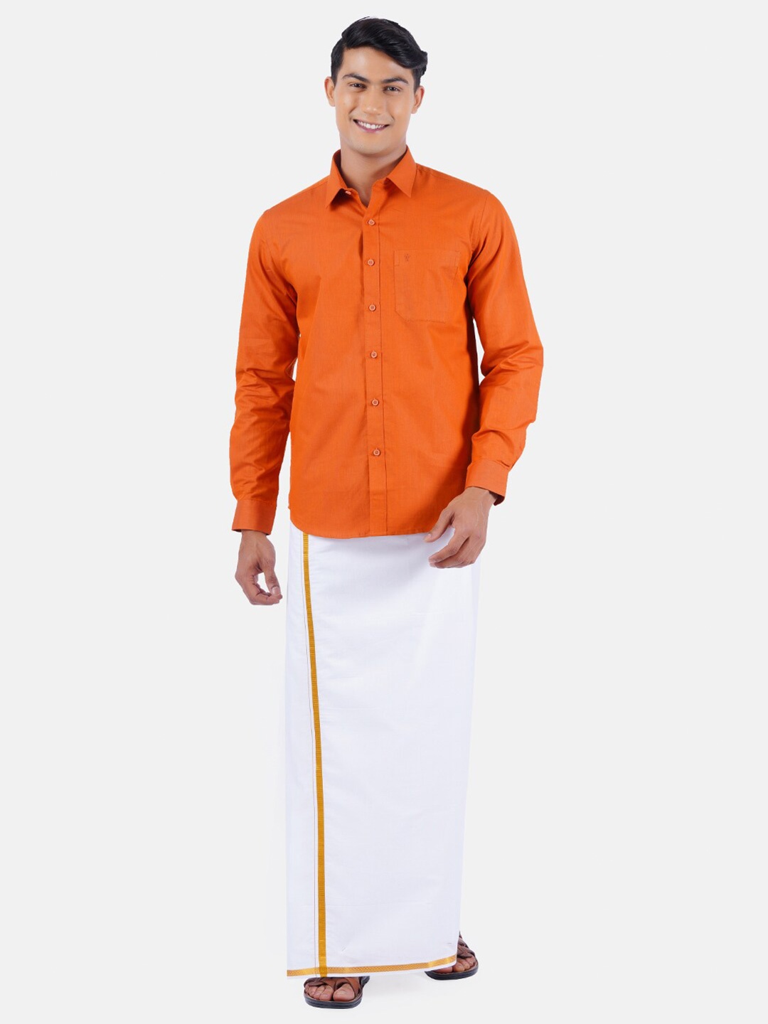

Ramraj Men Orange Solid Pure Cotton Shirt & Dhoti Set