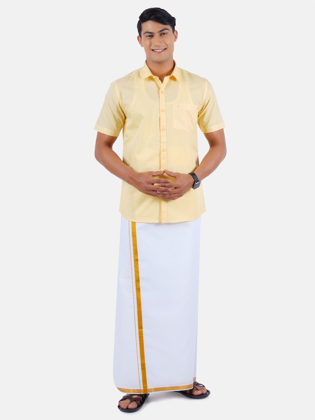 

Ramraj Men Yellow Half Sleeve Solid Pure Cotton Shirt & Dhoti Set