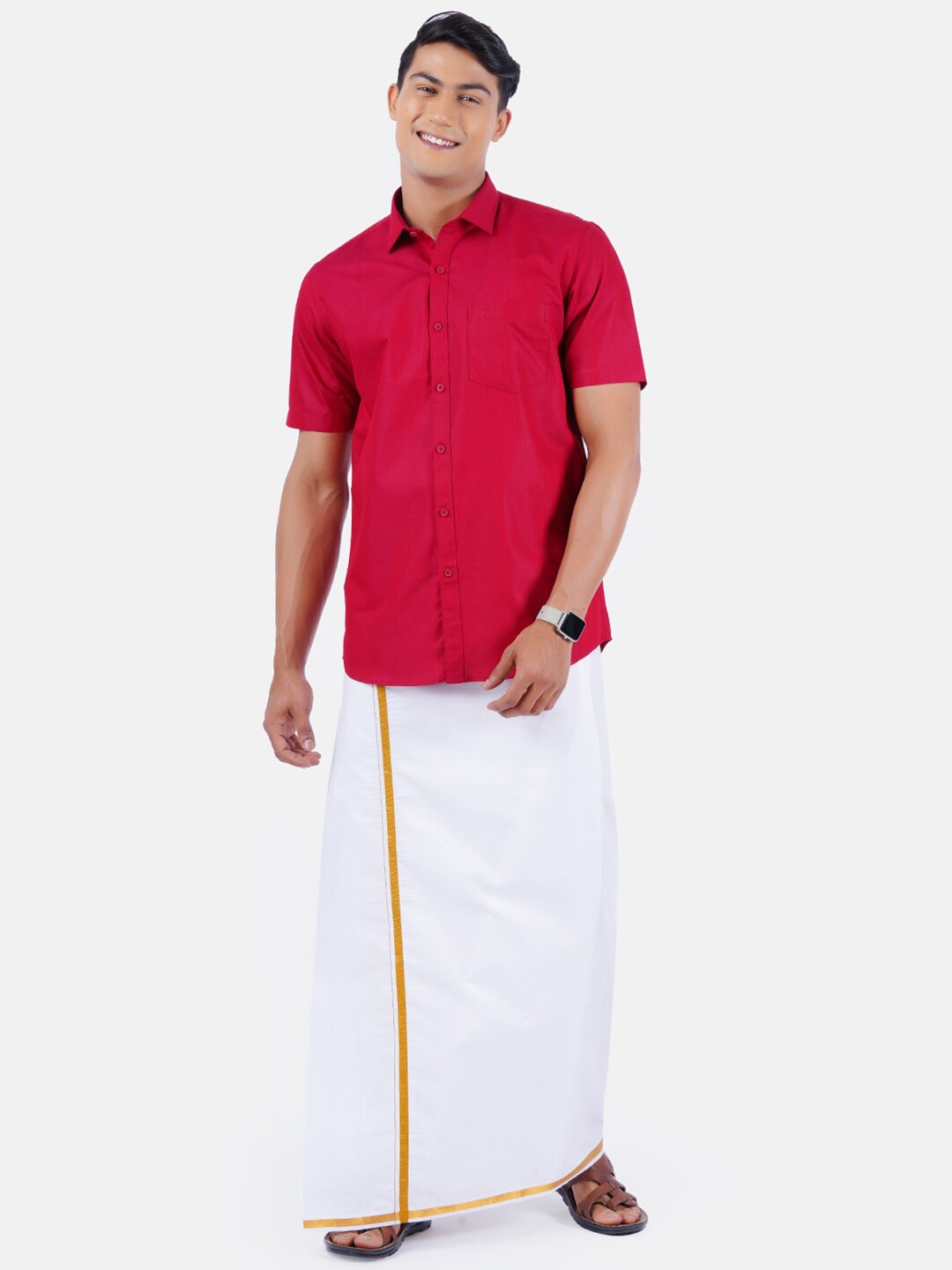 

Ramraj Men Red Half Sleeve Solid Pure Cotton Shirt & Dhoti Set