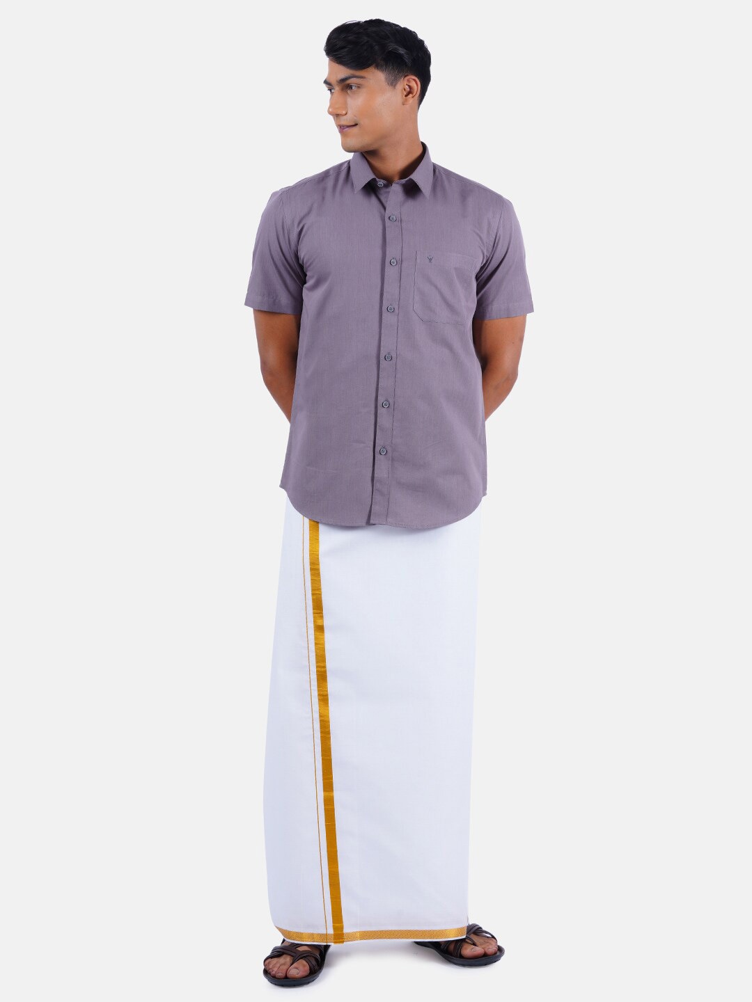 

Ramraj Men Grey Half Sleeve Solid Cotton Shirt & Dhoti Set