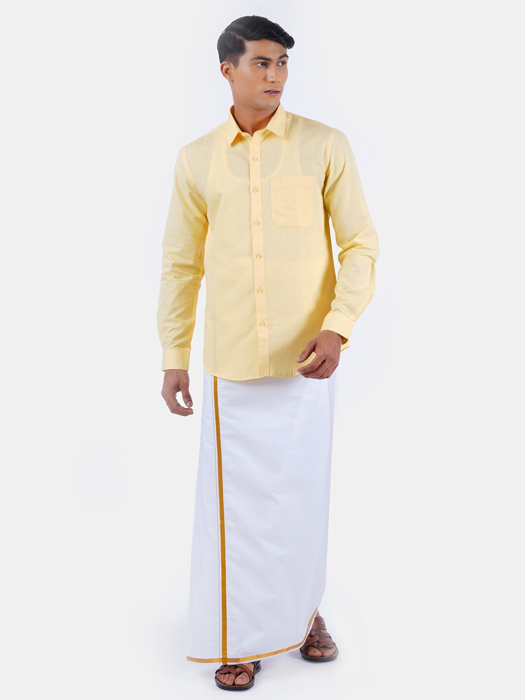 

Ramraj Men Yellow Solid Pure Cotton Shirt & Dhoti Set