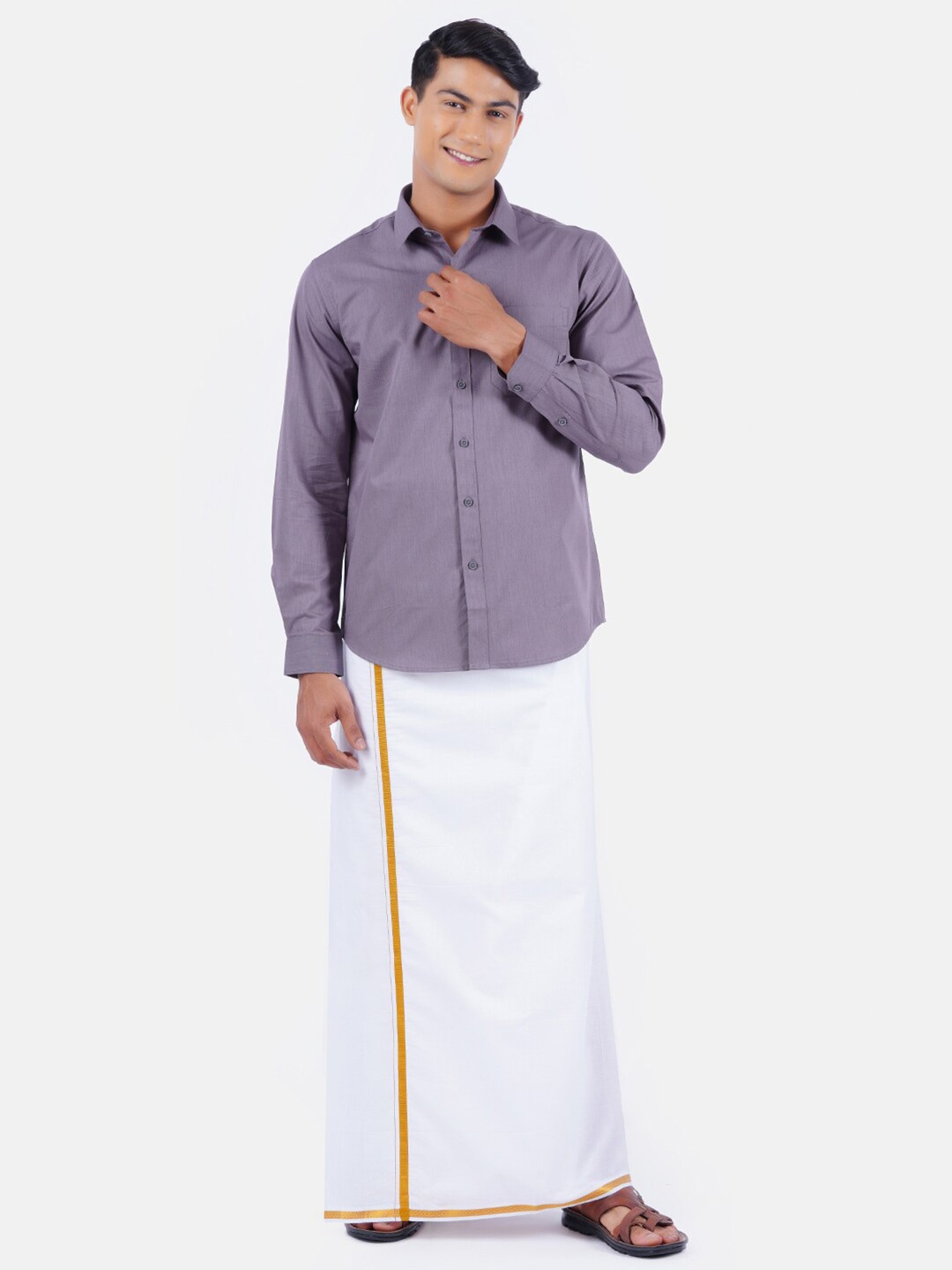 

Ramraj Men Grey Full Sleeves Solid Pure Cotton Shirt & Dhoti Set