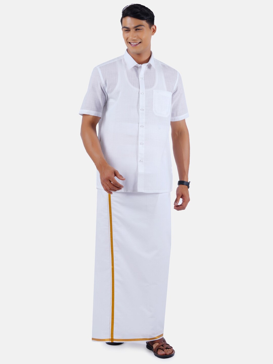 

Ramraj Men Pure Shirt with gold border White Dhoti